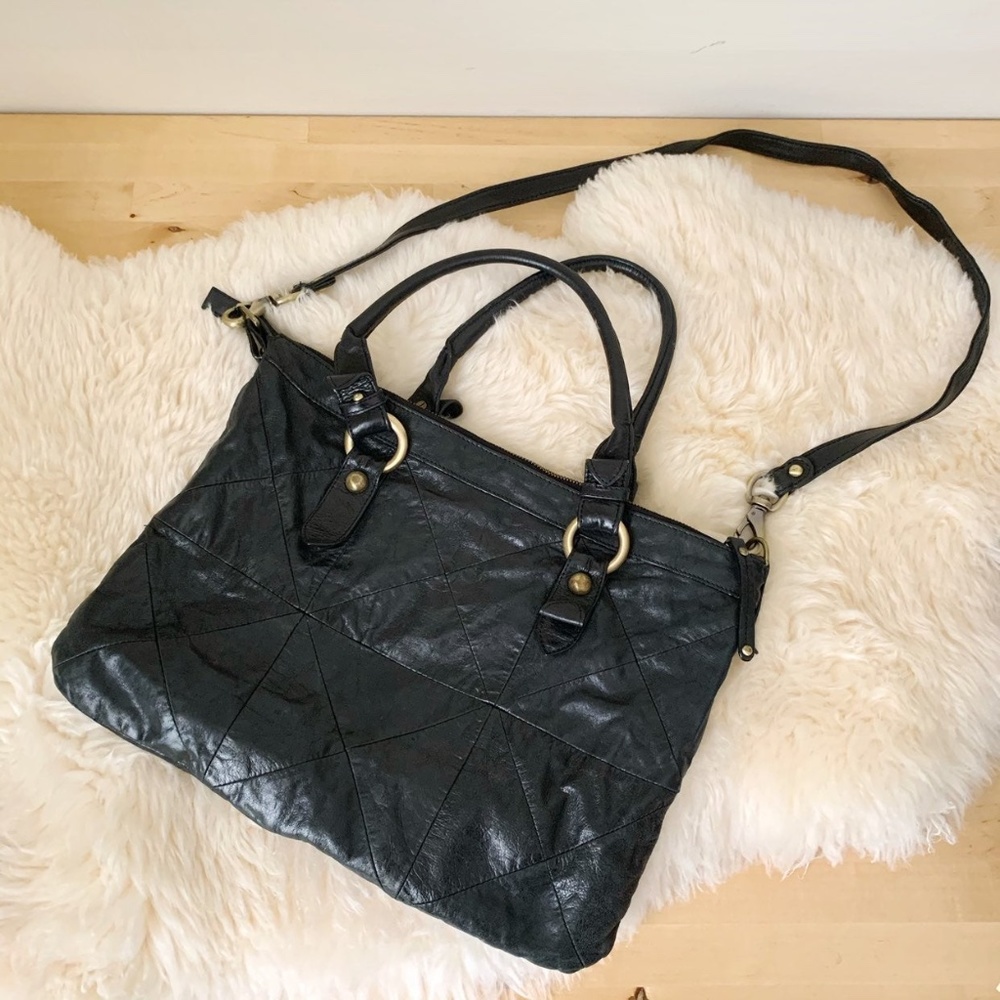 Black Leather crossbody Tote Bag